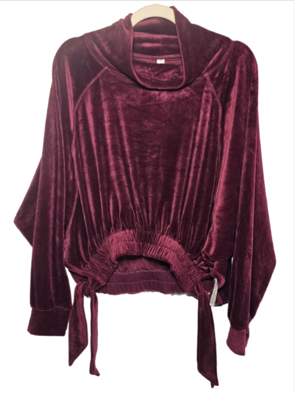 Anthropologie Daily Practice Velvet Pullover S Burgundy Funnel Neck Side Tie NWT